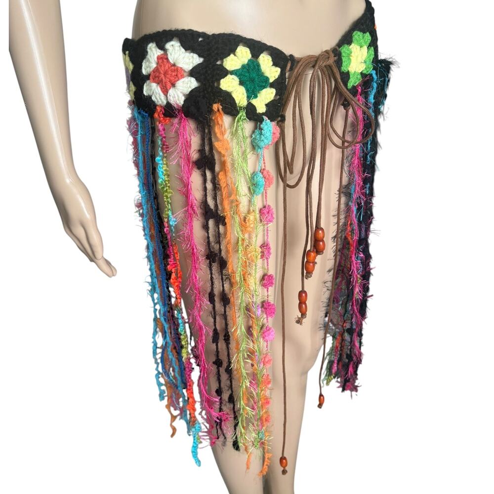 Upcycled Crochet Granny Square Floral Festival Set Fringe Ibiza Boho S/M Multi - Picture 8 of 10